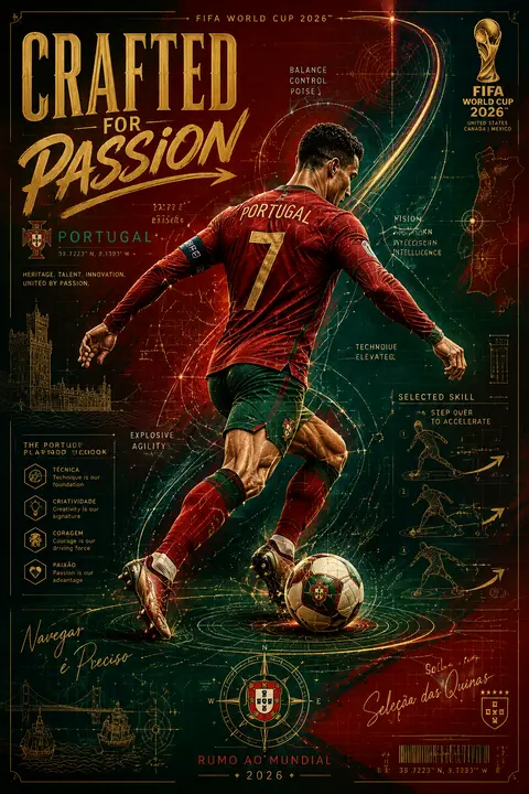 FIFA World Cup 2026 Portugal blueprint poster, deep red-green palette with gold - AI生成图片 2