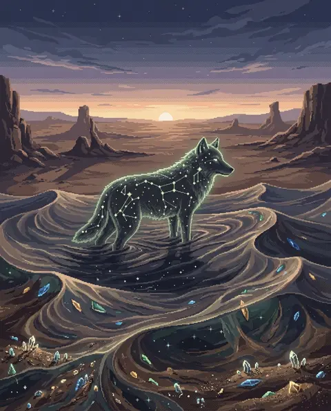 16-bit pixel art of a wolf made of constellations, standing half-submerged in tr - AI生成图片 1