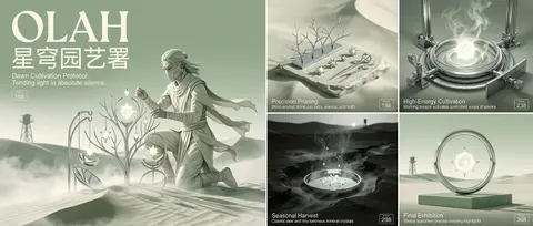 一位照料群星的天穹园丁伫立于黎明荒漠，将发光星种修剪、移植、编排成一块超高端五联画品牌海报；严格保留版式结构：左侧一块巨大主视觉面板，右侧四块小面板组成精确2x - AI生成图片 3
