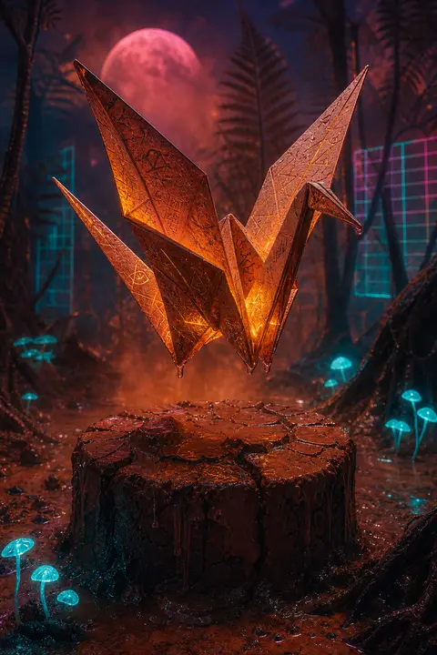 An origami paper crane come alive, hovering inches above a cracked wet-clay pede - AI生成图片 3
