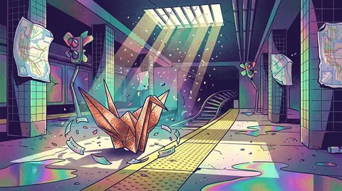 A joyful sunlit scene on an abandoned subway platform: a living origami paper cr - AI生成图片 1