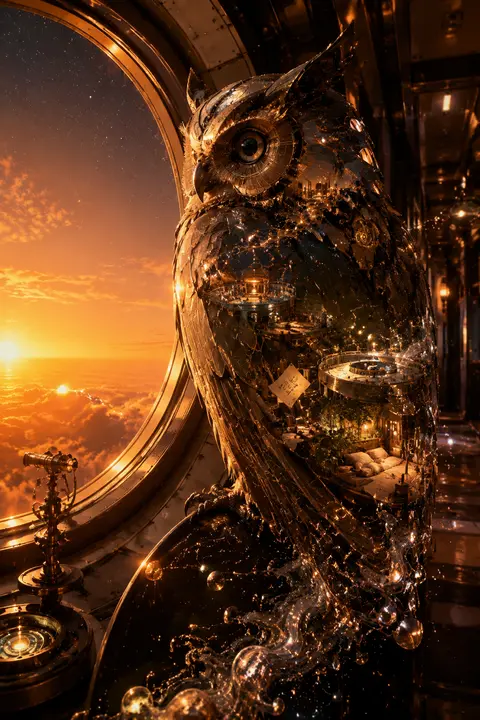 A double-exposure photography composition of a solitary clockwork owl perched be - AI生成图片 1