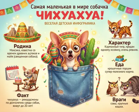Веселая детская инфографика в стиле Pixar. Самая маленькая в мире собачка чихуах - AI生成图片 2
