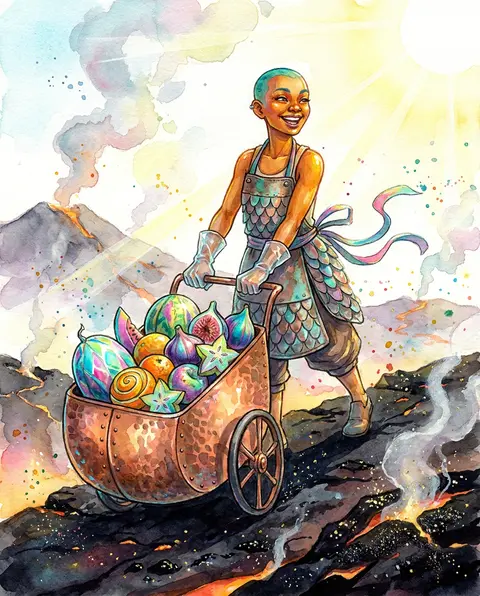 A jubilant watercolor storybook scene of a fruit vendor with a shaved teal scalp - AI生成图片 4