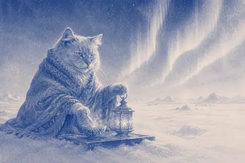 A quiet tea-house cat wrapped in a woven silk shoulder mantle, seated beside a t - AI生成图片 3