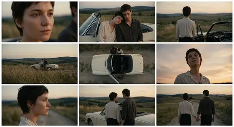A cinematic 3×3 grid of film-still frames featuring the same couple during a qui - AI生成图片 1