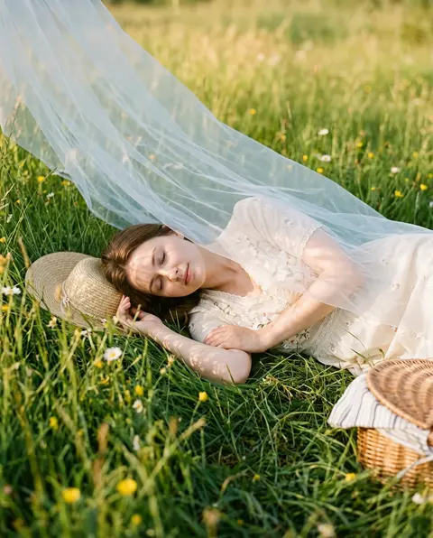 A realistic outdoor natural-light portrait of an adult young woman lying on a su - AI生成图片 1