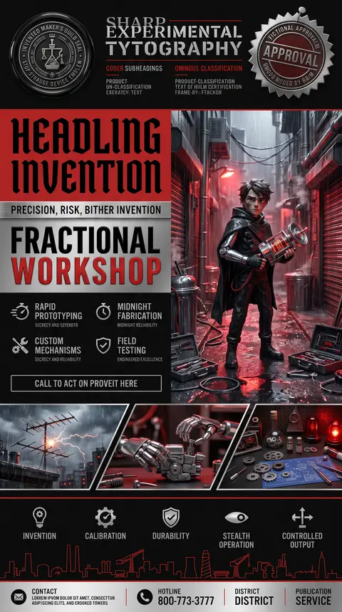 vertical 4:7 poster, a young tinkering inventor in a rain-soaked back alley, ten - AI生成图片 1