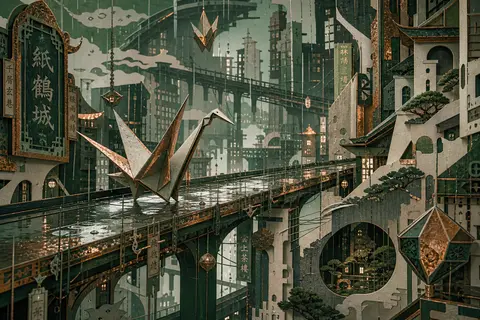 A sentient origami crane glides along a rain-slick skybridge in a towering megac - AI生成图片 2