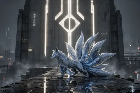 a mythical nine-tailed fox spirit poised on a fractured elevated transit spine a - AI生成图片 1