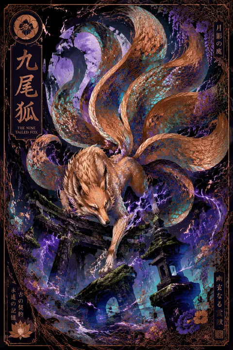 A chaotic, energetic art nouveau poster of a mythical nine-tailed fox spirit lea - AI生成图片 2