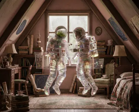 Twin astronaut explorers suspended inside a cozy cluttered attic library, render - AI生成图片 3