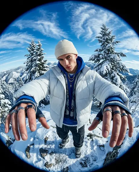 Ultra-premium streetwear editorial portrait shot through an extreme overhead fis - AI生成图片 2