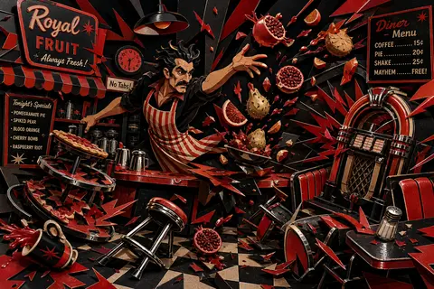 A wildly kinetic layered papercut diorama of a fruit vendor reigning over a shat - AI生成图片 2