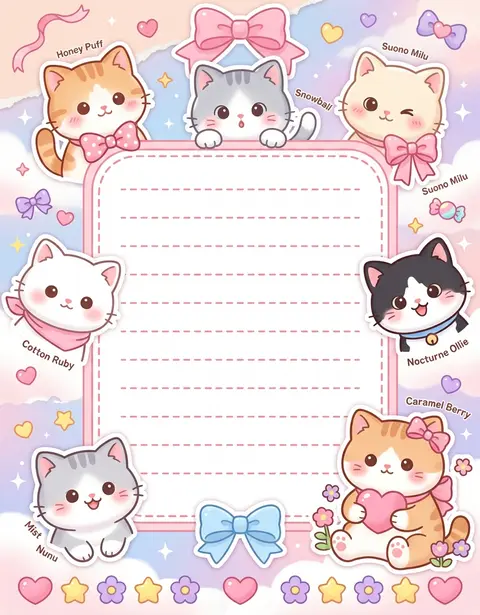 一张超可爱日系 `kawaii` 信纸/便签纸插画，竖版构图，梦幻粉彩配色，主题为“猫咪环绕的书写信纸边框”。画面中央保留大面积纯净留白的白色书写区域，采用圆角 - AI生成图片 2
