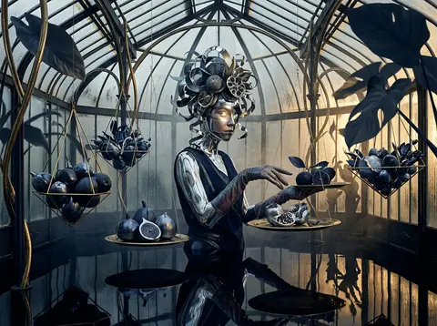 Surrealist photo collage of an enigmatic fruit vendor with mirrored chrome skin - AI生成图片 2