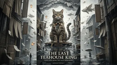 纵向史诗电影海报构图，一只茶馆掌柜猫端坐于雨夜后巷尽头的残破木台上，身形被处理得如神祇雕像般庄严巨大，仿佛统御整条巷道；它戴着层叠布结围巾与旧铜铃，胡须锋利如刻 - AI生成图片 2