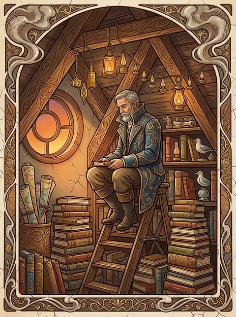 An intimate art nouveau poster of a solitary lighthouse keeper seated cross-legg - AI生成图片 2