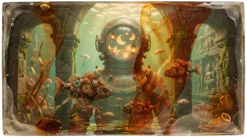 A playful deep-sea diver with a glass-domed helmet full of tiny floating paper m - AI生成图片 3