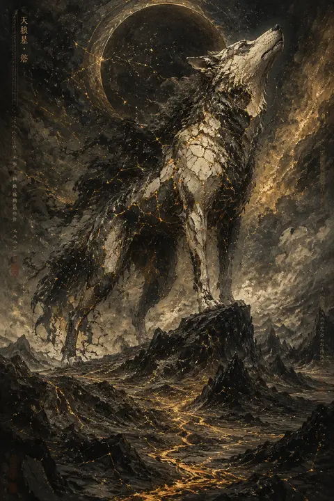 a colossal celestial wolf forged from fractured porcelain, its body mapped by gl - AI生成图片 2