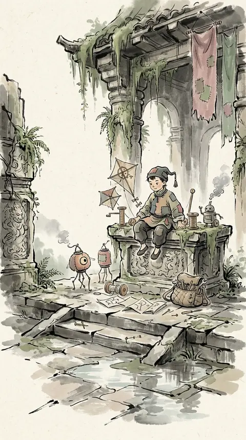 A playful, whimsical composition in traditional ink wash painting style: a young - AI生成图片 1