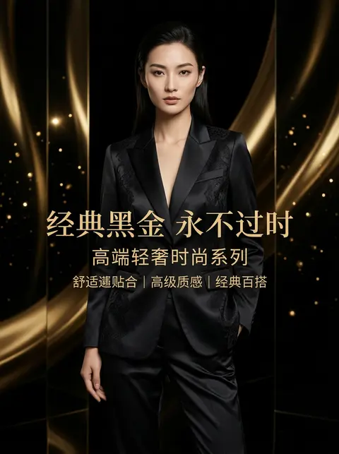 现代轻奢时尚广告大片，主角为虚构华裔时尚名模 `Lin Yuefen`，约 28 岁，冷艳自信，拥有高级时装编辑感气质，身着一套午夜黑缎面奢华套装，点缀细腻若隐 - AI生成图片 2