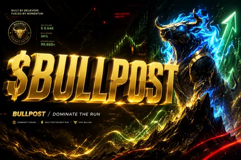 横長のプレミアムWeb3キービジュアル。中央やや左に巨大なタイポグラフィで「$BULLPOST」を配置し、金属的な光沢と立体感のあるレタリングで一瞬で読める構成 - AI生成图片 1