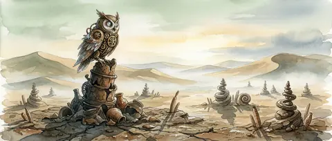 a clockwork owl perched on a sagging tower of wet clay relics in a dawn desert, - AI生成图片 1