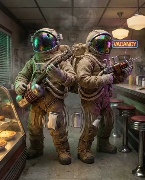 Twin astronaut bruisers in a retro 1950s chrome diner at midnight, rendered as t - AI生成图片 3
