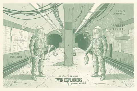 Vertical risograph two-tone print poster, twin astronaut explorers standing apar - AI生成图片 2