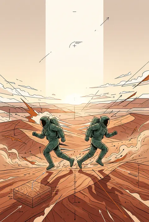 two twin astronaut explorers sprinting across a wind-scored desert at dawn, mirr - AI生成图片 2