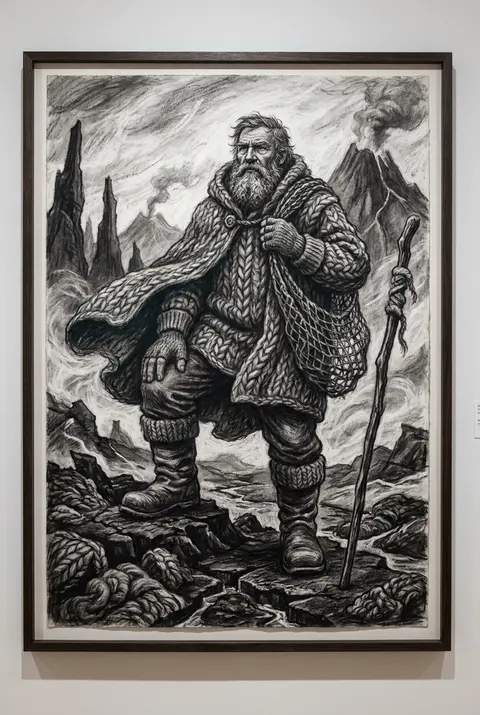A monumental charcoal-sketch tableau of an elderly fisherman standing full-lengt - AI生成图片 2