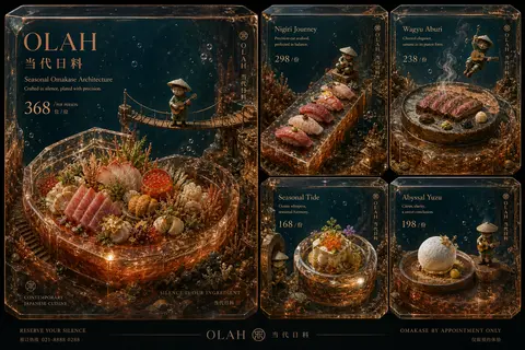 An isometric miniature campaign tableau for **OLAH / 当代日料** reimagined as a play - AI生成图片 2