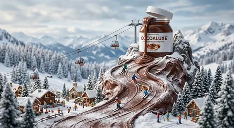 cinematic miniature winter world built around a giant `CocoaLuxe` jar, thick cho - AI生成图片 2