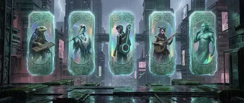 在霓虹与骤雨交织的巨型未来都会深处，五座等距悬浮的雕刻玉质竖碑如失重纪念碑般笔直列阵，表面覆有全息箔膜般的虹彩微光，边缘被雨雾与电流映出神圣轮廓；每一座半透明玉 - AI生成图片 3