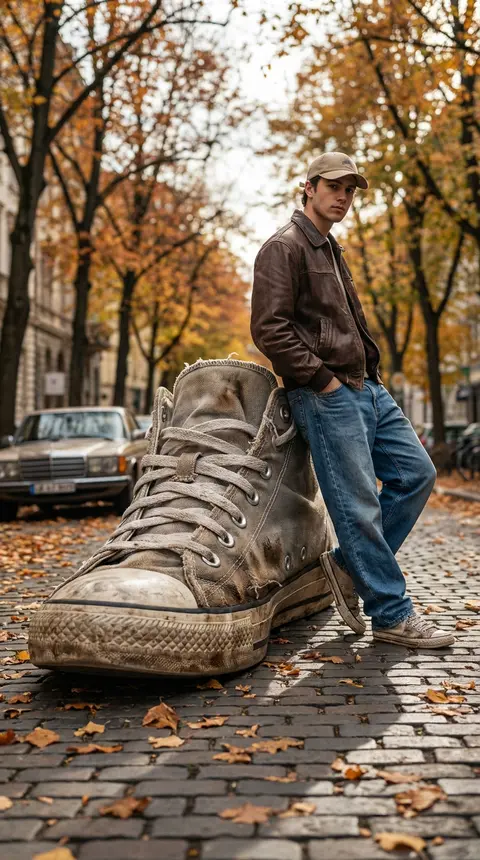 A cinematic forced-perspective street photography scene where a giant worn-out s - AI生成图片 2