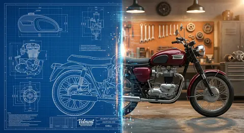 一幅超写实、电影感的工业题材合成画面：一辆1960年代经典英式复古摩托车（Velmont Ashford 650 风格）以完全侧面视角停放在老式机修车间中，车头 - AI生成图片 1