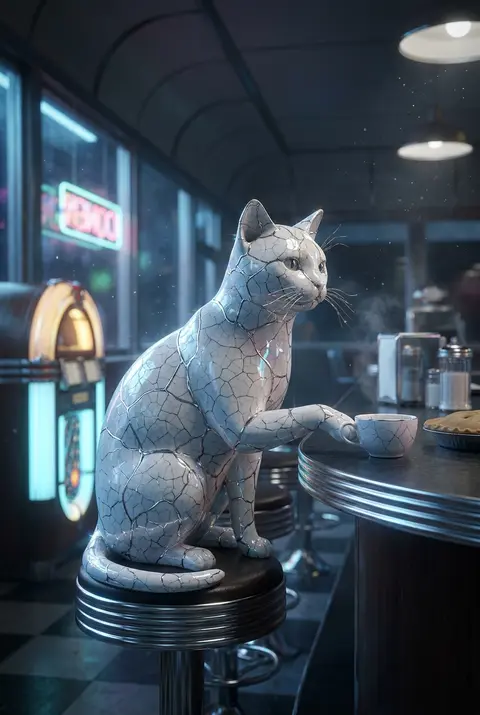 Vertical 9:16 poster, a tea-house cat perched alone on a chrome swivel stool ins - AI生成图片 2