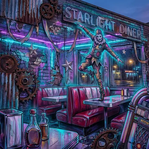 A masked carnival acrobat poised on the chrome edge of a 1950s retro diner booth - AI生成图片 2