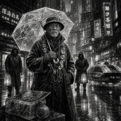 An elderly fisherman in a charcoal-sketch vision of a neon-lit rainy megacity, s - AI生成图片 2