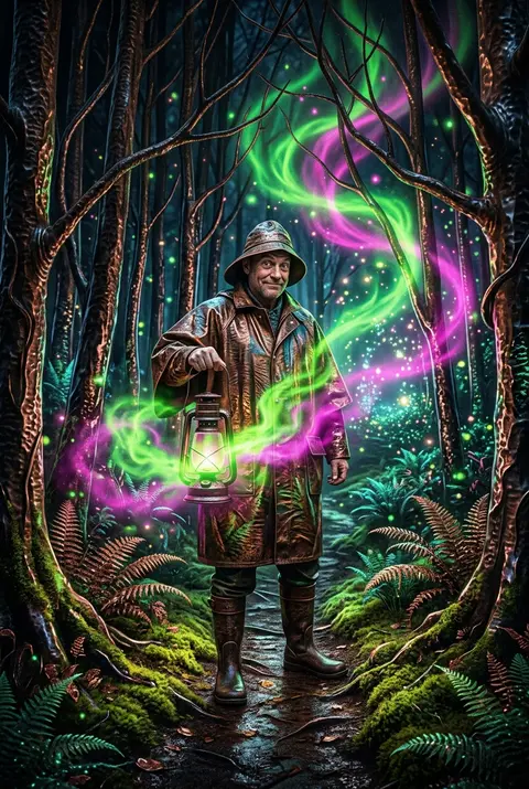 一位古怪的灯塔守夜人站在发光苔藓覆盖的小径中央，周围是夜色中的奇异森林，树干与蕨类像液态金属般泛着锤纹铜质光泽，枝叶间漂浮着顽皮的荧光孢子与细小光点；整幅画面采 - AI生成图片 4