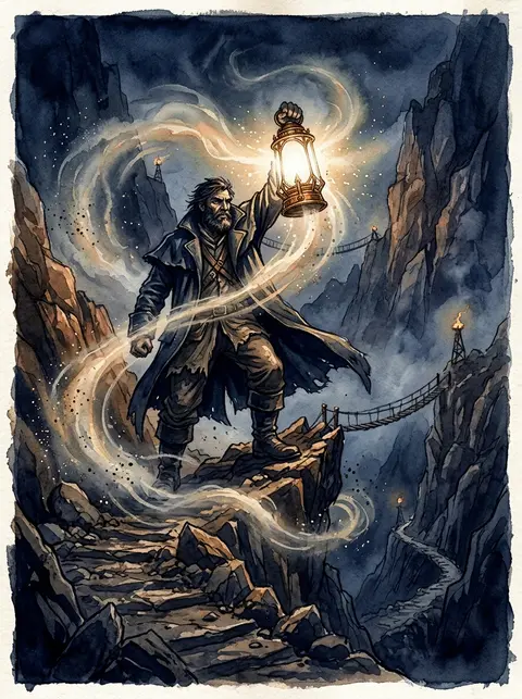 A colossal lighthouse keeper in a wind-lashed cloak stands atop a jagged switchb - AI生成图片 1