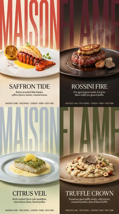 Create an ultra-premium horizontal 2x2 four-panel Western fine-dining campaign p - AI生成图片 1