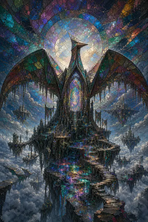 一只觉醒的折纸纸鹤化作天空群岛的远古守望者，通体由潮湿陶土塑成却保留锋利折线结构，双翼如巨大拱形穹顶展开，立于悬浮天际岛屿之巅，姿态庄严如神像降临；周围漂浮着层 - AI生成图片 2