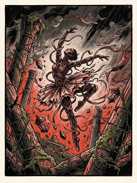 A mechanical prima ballerina in woven silk ribbons whirling through ancient moss - AI生成图片 4
