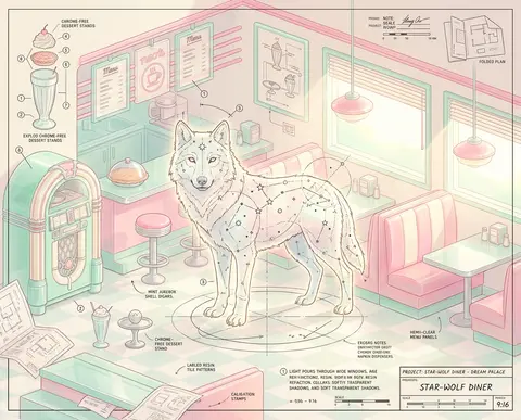 a joyful, sunlit blueprint schematic of a full-body wolf formed entirely from gl - AI生成图片 1