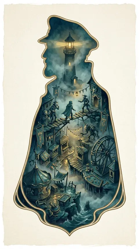 A tense, cinematic isometric miniature poster of a solitary lighthouse keeper re - AI生成图片 4