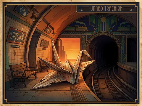 An intimate art deco travel poster of a living origami paper crane poised alone - AI生成图片 4