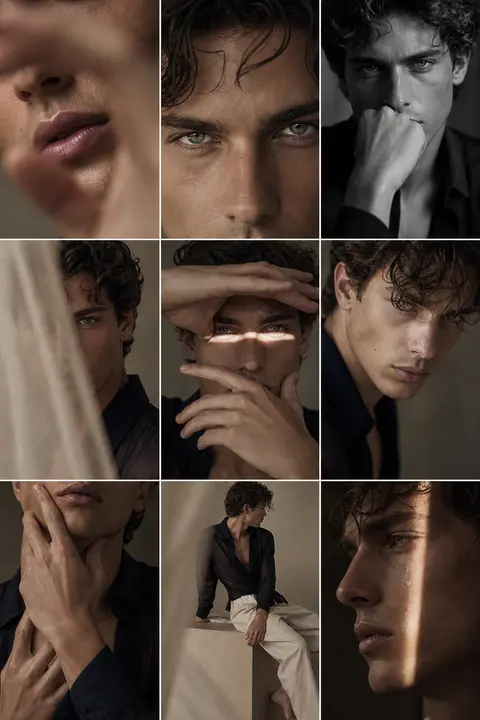 A refined 3x3 fashion editorial contact sheet set inside a minimalist warm-beige - AI生成图片 1
