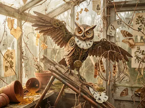 Full-length surrealist photo collage of a clockwork owl in a sun-drenched greenh - AI生成图片 3